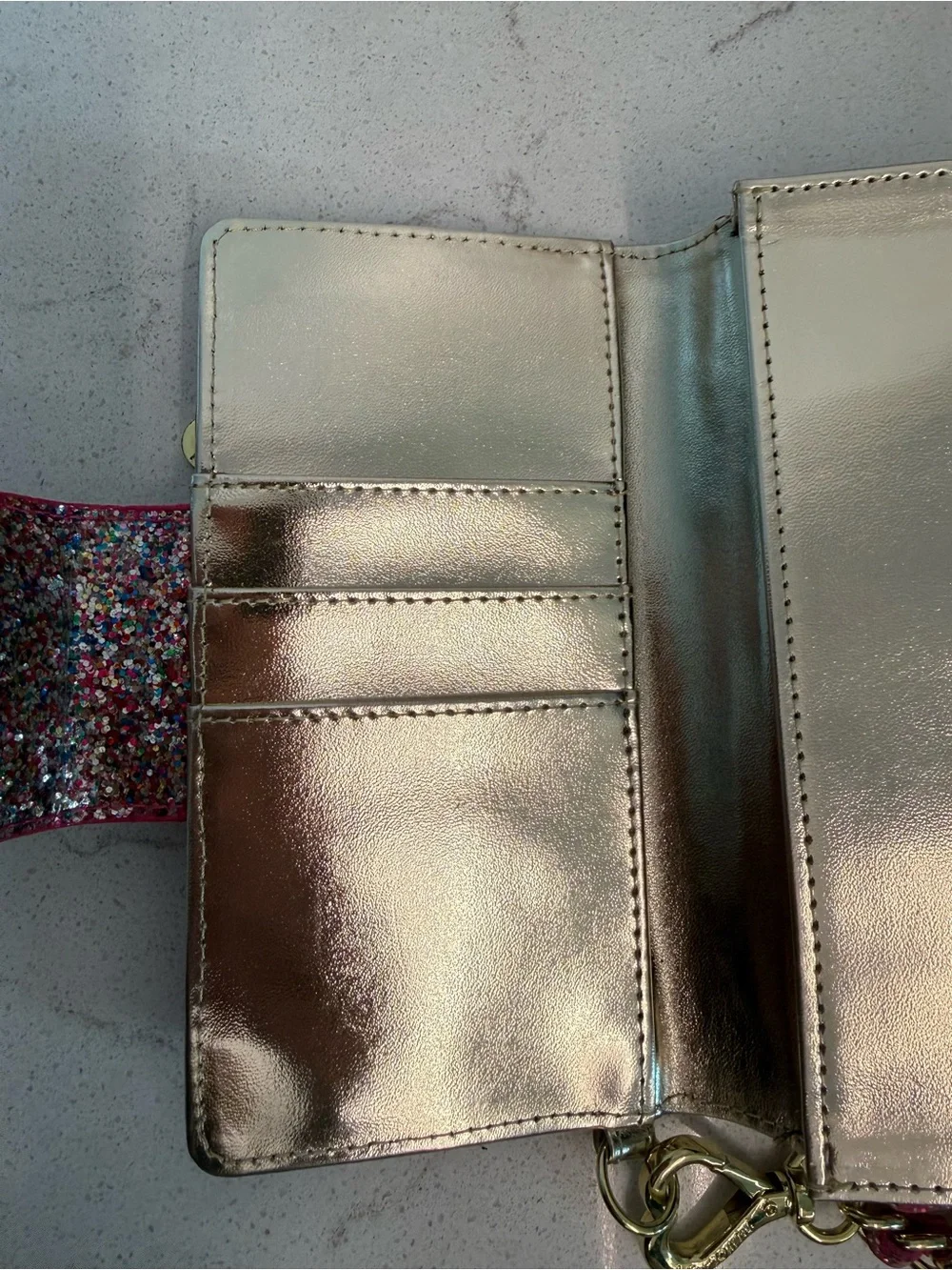 Betsey Johnson Multicolor Glitter Heart Clutch with Gold Chain